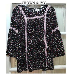 Crown & Ivy 3/4-sleeve blouse; black with colorful star print; girls' size L